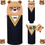2 in 1 Kawaii Stationery Pencil Case for GirlsBoys, School Supplies Pencilcase, Cute Animal Pencil Pouch, Super Soft, Waterproof, Theme for Brown Bear with Glasses