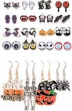 20 Pairs Halloween Earrings for Women, Pumpkin Spider Spooky Skull Skeleton Dangle Earrings Sets, Witchy Bat Cat Eyeballs Candy Stud Earrings Set for Women Girls