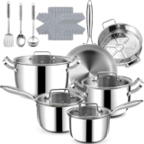 20P Stainless Steel Pots and Pans Set -3 Ply 30 cm Frying pan – 18/20 cm Saucepans & 22/26 cm Casserole, Non Stick Induction Hob Cookware Set