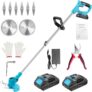21V Cordless Strimmer, Electric Grass Trimmer and Brush Cutter with 2 x 2.0Ah Batteries, 6 Metal Blades, 2 Saw Blades, Adjustable Telescopic Shaft and Pruning Shears for Garden & Lawn, Blue