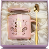 21st Birthday Mug for 21st Birthday Woman, 14oz Mug with Gold Print, Funny Gifts for 21 Year Old Women, Marbled Ceramic Coffee Mug, Pink, with Lid, Spoon, Greeting Card, Gift Box