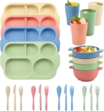 24-Piece Unbreakable Dinnerware Set for 4 Divided Plates, Bowls, Cups & Cutlery, Stackable Reusable Tableware with Non-Slip Base for Kids & Adults, Portable for Home (Vibrant Colors)