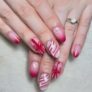 24PCS Christmas Press on Nails Short, Xmas Pink Gradient French Fake Nails with Gift Box & Candy Cane Design, Almond False Stick on Nails French Tips for Women
