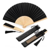 2Pcs Silk Hand Fans 21cm Folding Bamboo with Tassel (Black)