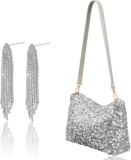 2Pcs Silver Bags for Women Set, with Silver Clutch Bags for Women Diamante Earrings Sophisticated Dangly Earrings Dangle Earringses, with Detachable Chain Strap for Prom Formal Events Parties