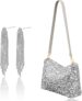 2Pcs Silver Bags for Women Set, with Silver Clutch Bags for Women Diamante Earrings Sophisticated Dangly Earrings Dangle Earringses, with Detachable Chain Strap for Prom Formal Events Parties