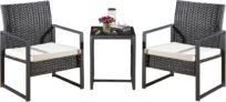 3 PCS Rattan Garden Furniture Set, White Cushioned Bistro Set with Coffee Table & 2 Chairs, Outdoor Patio Furniture for Garden, Balcony, Poolside