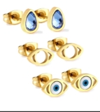 3-Pair Set Geometric Crystal & Evil Eye Stud Earrings, 18k PVD Gold Plated Stainless Steel Mixed Shape Earrings