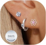 3 Pairs Sterling Sliver Stud Earrings For Women,14k Gold Planted Hoops Earrings for Women Dainty Small Cubic Zirconia Stud Sets Sliver Jewellry for Multiple Piercing.