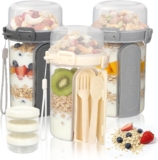 3 Pcs Overnight Oats Jar Plastic, Reusable Granola and Yoghurt Pot with Spoon & Fork, Cereal Cup On The Go Container with Sauce Box, Breakfast Pots with Lids for Salads,Fruit,Milk,Porridge