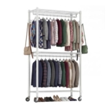 3-Tier Adjustable Shelves & Double-Rod Clothes Rack on Wheels, White