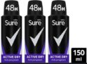 3 x Sure 48hr Men Active Dry Antiperspirant Deodorant Aerosol 150ml (Nectar Price)