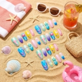 30 Pcs Summer Press On Nails Mermaid & Dopamine Press on Nails Glossy Almond Gel False Nails with 3D Embossed Designs Glossy Acrylic Fake Nails for Vacation Manicure Decoration (A-3D Mermaid)