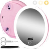 30X Magnifying Mirror with Light, 30X Magnified Mirror with 3 Color Lights and Adjustable Brightness, 6inch Travel High Magnification with 3 Suction Cups Easy Mounting – Includes Tweezers & Scissors