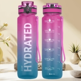 32oz Water Bottle with Time Marker, Leakproof & Motivational Gradient Design, BPA Free, Wide Mouth with Easy Clean Brush for Gym, Travel, Home & Office (Gradient Red-Blue)