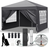 3m x 3m Ez Pop Up Gazebo with 4 SideWalls, 4 Sandbags & 1 Wheeled Storage Bag, Outdoor Canopy Tent Portable One-Button Locking System Canopy for Commercial Events, Party, BBQ, Camping, Grey