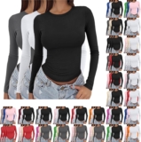 3pc Thermal Underwear Womens Long Sleeve Autumn Tops Round Neck T-Shirts Going Out Crop Tunic Tees Solid Color Stretch Soft Slim Fitted Undershirts Thermal Base Layer Shirt for Autumn and Winter