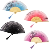4 Pack Folding Fans, Handheld Silk Fabric Folding Hand Fans with Tassel Hollow Carved Handheld Folding Fan, Wooden Chinese/Japanese Hand Fans Folding Held Fans for Women Wedding Party Wall Decoration
