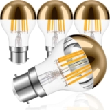 4 Pack LED 20,000 Hour Edison Bulb E27 6W Half Chrome Vintage A60 Filament Light, Dimmable No Flicker Warm Glow – Golden Warm White A60