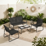 4-Piece Patio Conversation Sets,Garden Furniture Set with Loveseat,2 Chairs & Tempered Glass Table,Breathable Textilene and Steel Frame for Garden,Balcony,Backyard,Black (Black, 4PC)