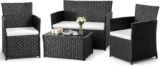 4pc Black Rattan Garden Set with Beige Cushions for Patio Weather-resistant for Britain Rust-proof Steel Frame Tempered glass top Zip-off, Machine-Washable Covers
