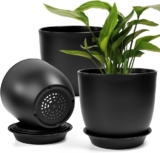 5 Pack Plastic Plant Pots, 17.7/16/14/12.5/11.5 cm Plant Pots with Drainage Holes and Tray Decorative Flower Pot Plastic Planters for Indoor Outdoor Flowers Plants (Black)