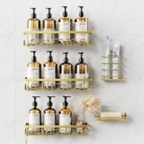 5 Pack Rustproof Stainless Steel Shower Caddy, Bathroom Storage Accessory Shelf Organiser Adhesive No Drilling Hanging, Soap Holder Set, Kitchen Wall Mounted Corner Decor, Gold