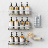 5 Pack Rustproof Stainless Steel Shower Caddy, Bathroom Storage Accessory Shelf Organiser Adhesive No Drilling Hanging, Soap Holder Set, Kitchen Wall Mounted Corner Decor, Silver