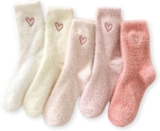 5 Pairs Womens Plush Socks, Mid-Length, Fluffy Water Mink Warm, Heart Pattern, Sleep Socks, Winter Socks for Home, Non-Slip and Comfortable