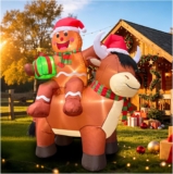 5.8FT Christmas Inflatable Highland Cow, Cute Blow Up Highland Cow with Santa Hat, Playful Gingerbread Man Holding Gift Box Riding on Cow Back for Indoor Outdoor Yard Lawn Garden Holiday Party Decor