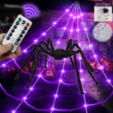 5Ft Giant Spider 2017FT Halloween Spider Web 150 Led Purple Lights Light Up Lighted TriangularBattery Operated Waterproof with 200sqft Cobweb and 20 Small Spiders for Indoor and Outdoor Decor