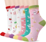 6 Pairs Girls Cotton Crew Socks 3-14 Years Old 70% Soft Breathable Cotton, Ribbed Elastic Cuffs, Cartoon Patterns, Durable for School, Play, Daily Casual Wear