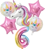 6 Years Old Birthday Decorations Unicorn Balloon Set 6PCS Large Foil Balloons with 3D Unicorn, Number 6, Stars & Hearts for Girls Birthday Party Decorations