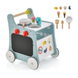 6-in-1 Wooden Baby Walker Activity Wooden Toy Activity Center W/ Play Kitchen