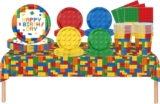 69pcs Building Blocks Party Tableware Plastic Table Cloth,Paper Plates Napkins Serviettes and Cups,Colorful Blocks Bricks Decorations Dinnerware for Boys Kids Birthday Building Block Party Decorations