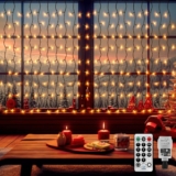 6Mx1M 300LED Curtain Lights Indoor Outdoor Plug in,Hanging Backdrop Curtain Fairy Light,Waterfall Wall Light with Remote,Timer,Waterproof,Connectable for Window Gazebo,Balcony,Roof,Warm White