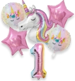 6Pcs Unicorn Balloons Set, Standing 3D Unicorn, Large Number 1