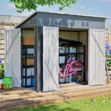 8×4 FT Metal Garden Shed, Outdoor Storage Shed with 3-Door, Gray Sloping Roof, Waterproof & UV Resistant, 4 Air Vents Includes 2 Locks, Gloves, Ground Nails For Backyard, Patio, Pet Room