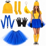 9 Pieces Yellow Costume Accessories, Halloween Yellow Outfit Accessories Fancy Dress Set with Beanie Hat, Goggles, Gloves, Tutu Skirt, Suspenders and Banana Charm for Women Carnival Cosplay Party