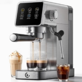 AMZCHEF Espresso Coffee Machines with 20 Bar Pressure, Self-Cleaning & Memory Function, LED Touch Screen, Compact Coffee Machine with Milk Frother for Home, Metallic Silver
