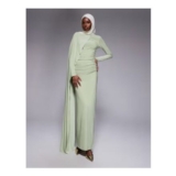ASOS DESIGN Long Sleeve with Drape Detail and Ruching Maxi Dress in Sage
