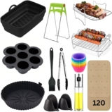Air Fryer Accessories, 12 Pcs for Ninja Foodi AF300UK, AF400UK & Other 7.6L-9.5L Dual Zone Air Fryers, Including Silicone Air Fryer Liners, Grill, Glove, Spatula, Brush, Silicone Tong