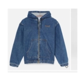 All Gender Denim Full-Zip Hooded Bomber in Blue