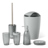Amazon Basics Bathroom Accessory Set with Toothbrush Holder, Soap Dispenser, Soap Dish, Tumbler, Trash Can, Toilet Brush & Holder, Grey