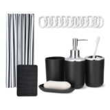Amazon Basics Bathroom Set: Shower Curtain with Hooks, Memory Foam Bath Mat, Soap Dispenser, Soap Dish, Toothbrush Holder & Tumbler, Black