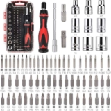 Amazon Basics Magnetic Ratchet Screwdriver Set with Wrench and Electronics Precision Bits, 73 Pieces – Black/Red/Silver