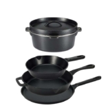 Amazon Basics Pre-Seasoned Cast Iron 5 Count Cookware Set includes a 26.67-cm Griddle, 20.3-cm & 26-cm Skillet, & 26-cm Dutch Oven & lid