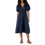 Amazon Essentials Womens Fit and Flare Cotton Sateen Puff Sleeve Midi Dress, V-Neck size L