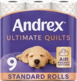 Andrex Ultimate Quilts Toilet Tissue 9 Standard Toilet Rolls, Air Pocket Technology for Soft, Thick Sheets (Previously Andrex Supreme Quilts Toilet Paper) 9 Toilet Rolls