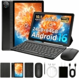 Android 16 Tablet, 10 inch Tablet, Android Tablets with Pen Case Keyboard Mouse Earphone, 24GB RAM64GB ROM (TF 1TB), 6000mAh, WiFi 6, BT5.4, Dual Cameras & Speakers, Black